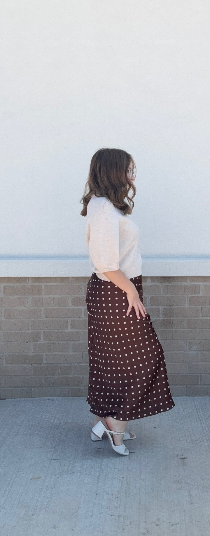 Mocha Polka Dot Midi Skirt | Elastic Waist Lined Woven Skirt