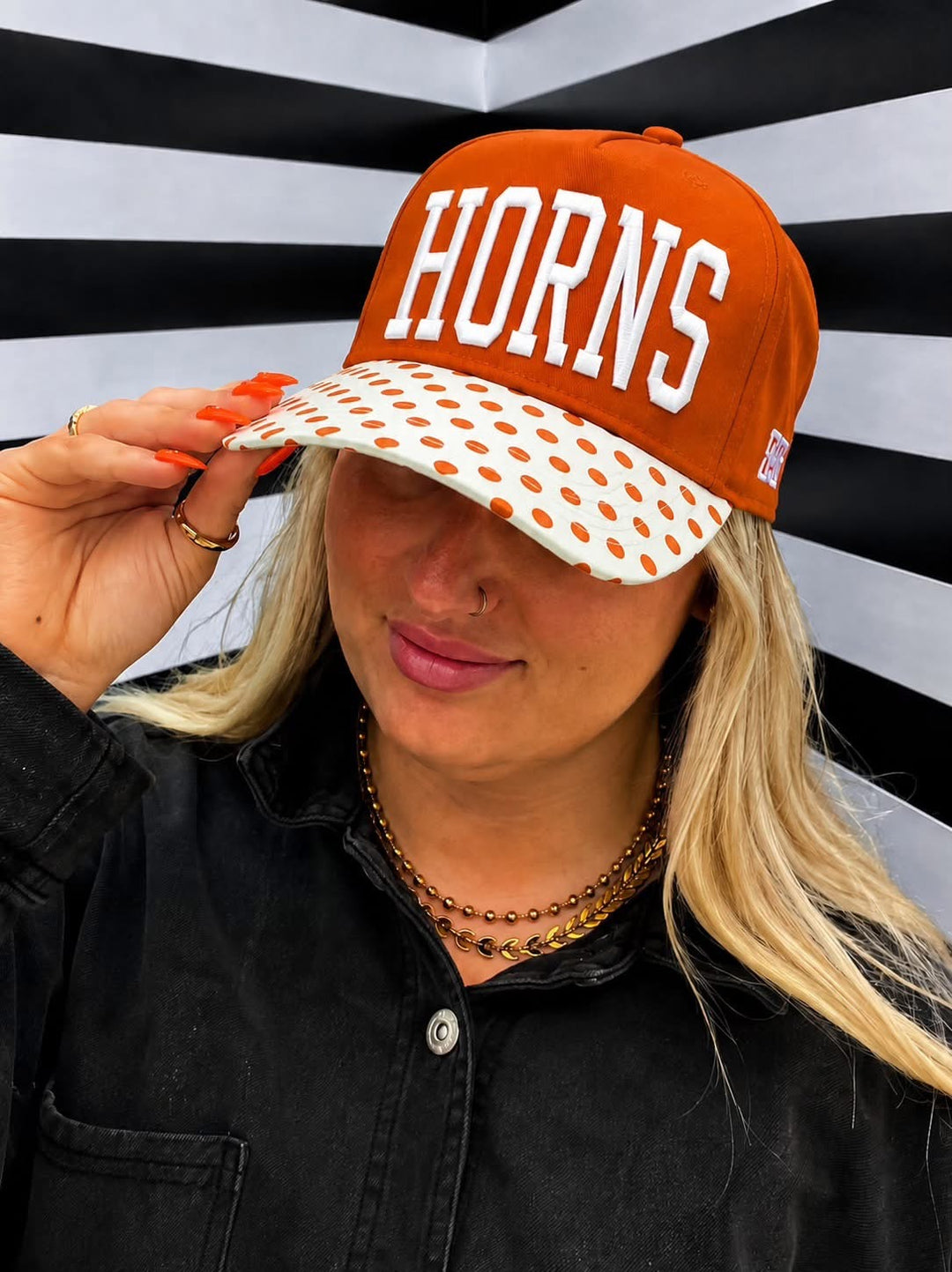 Burnt Orange &amp; White Polka Dot Brim Horns Game Day Hat