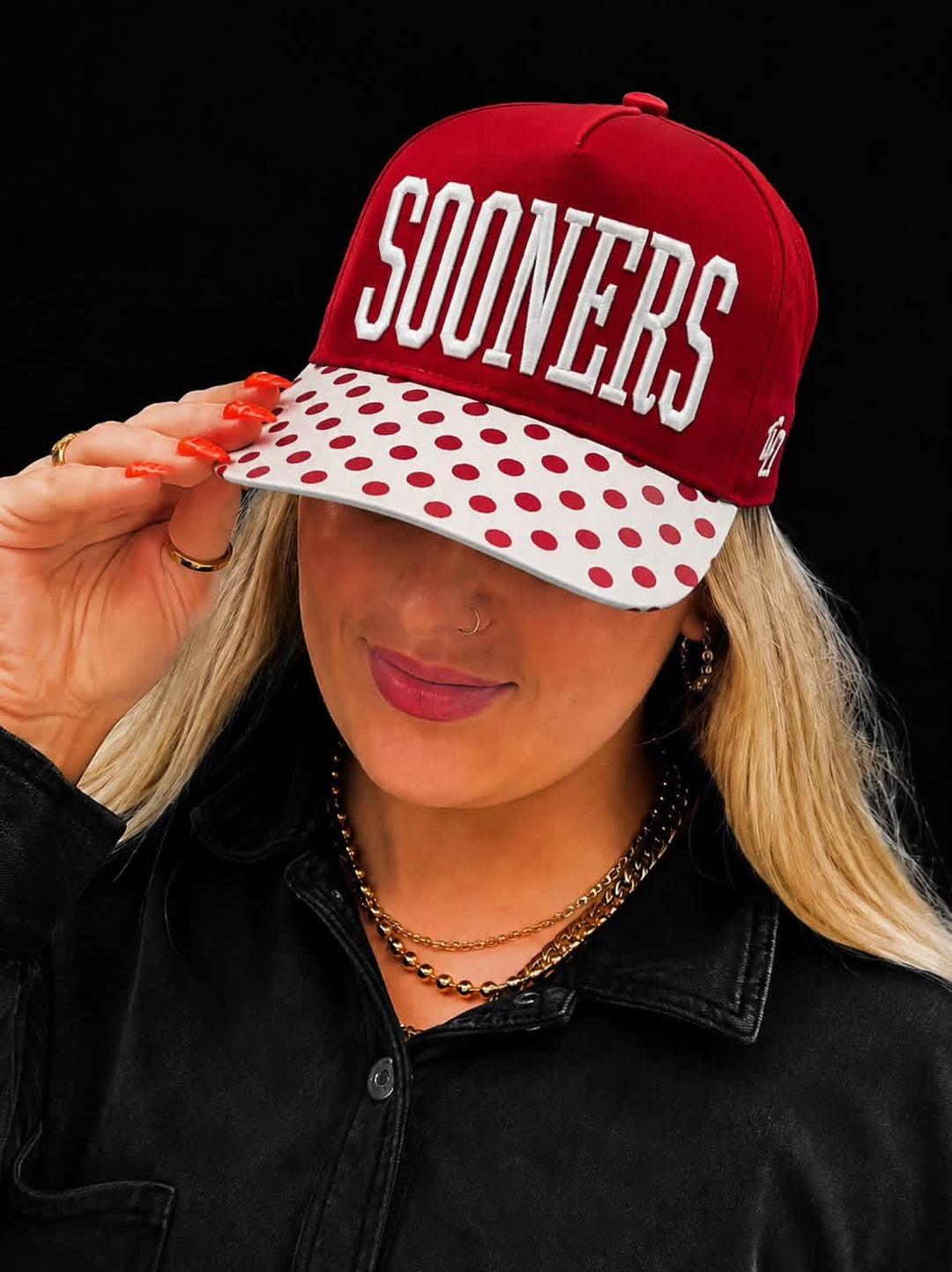 Crimson &amp; White Polka Dot Brim Sooners Game Day Hat