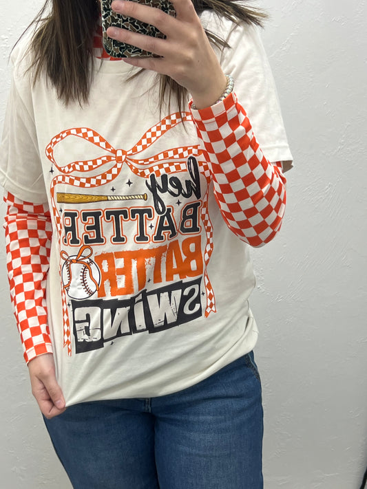 Hey Batter Batter Orange & Black Tee