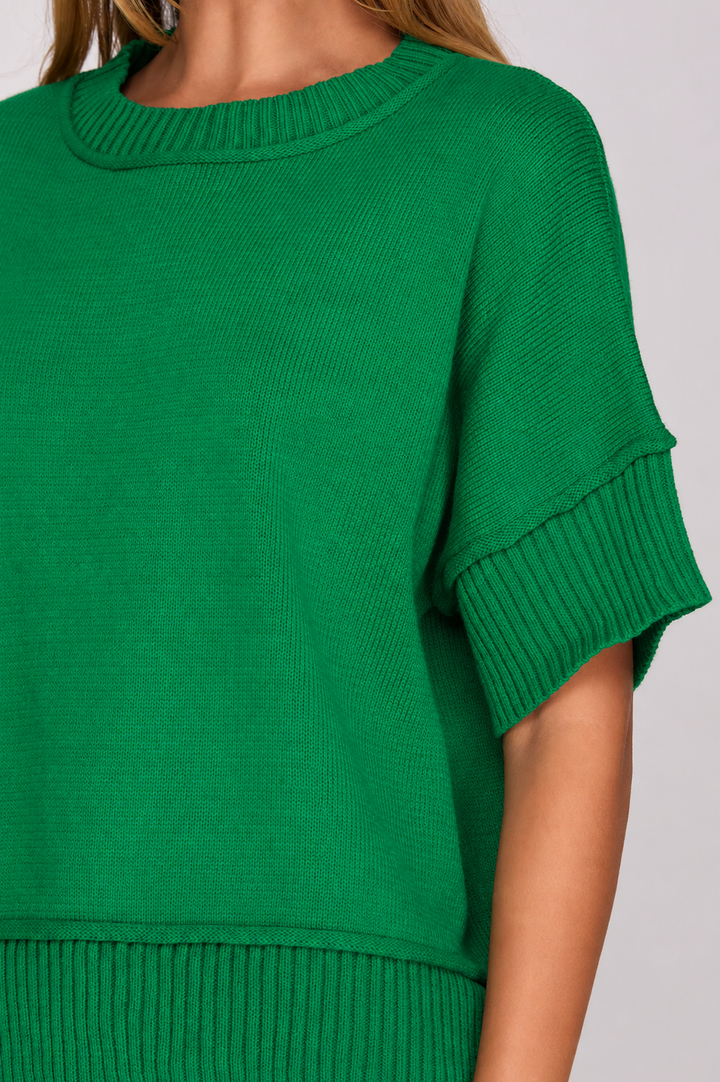 Kelly Green Drop Shoulder Half Sleeve Crew Neck Sweater Top