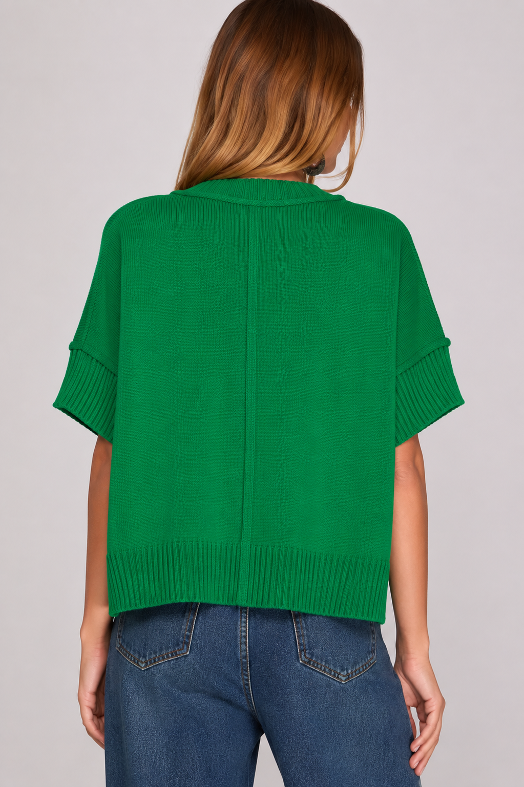 Kelly Green Drop Shoulder Half Sleeve Crew Neck Sweater Top