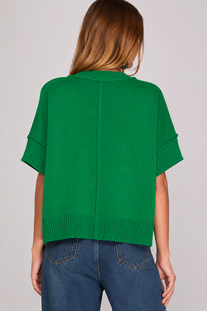 Kelly Green Drop Shoulder Half Sleeve Crew Neck Sweater Top
