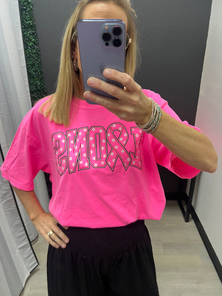 Pink Out Lions Polka Dot Comfort Colors Tee | Rustic Routes Boutique
