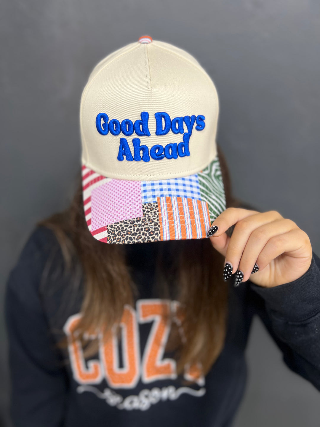 Good Days Ahead Patchwork Canvas Hat | Blue Puff Embroidery