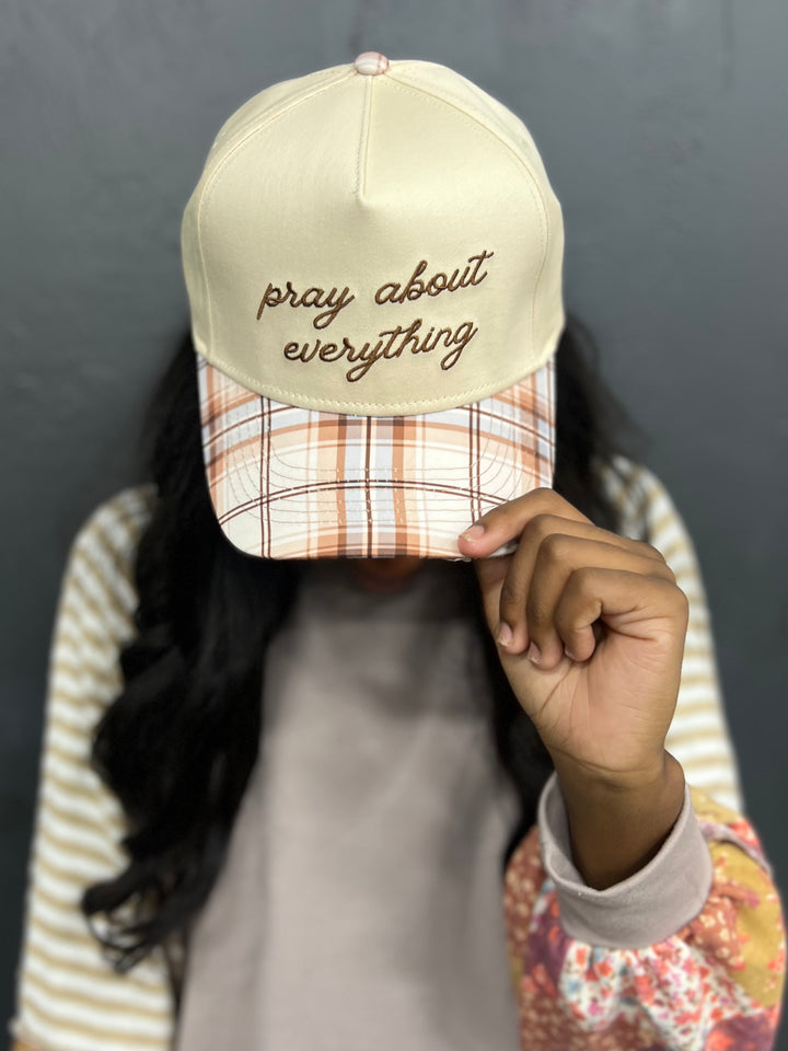 Pray About Everything Plaid Brim Canvas Hat | Brown Embroidery