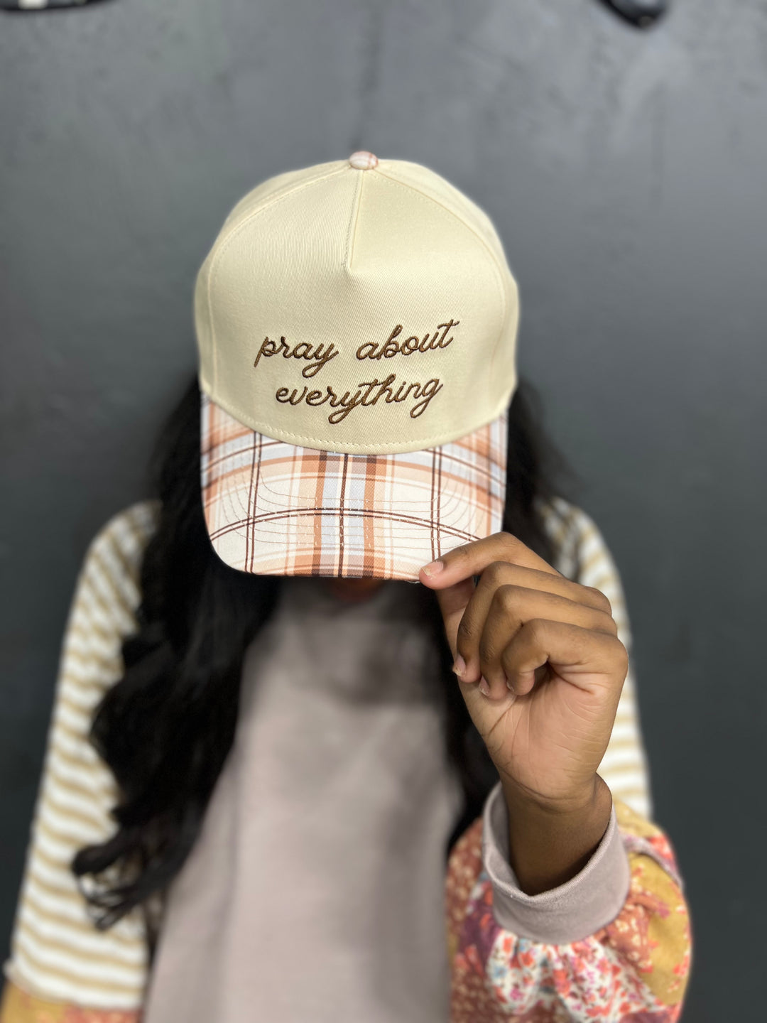 Pray About Everything Plaid Brim Canvas Hat | Brown Embroidery