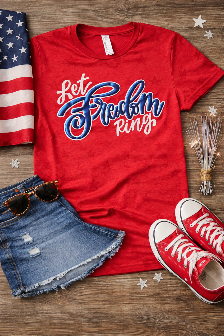 Woman wearing blue Let Freedom Ring patriotic graphic tee with denim shorts holding American flag
