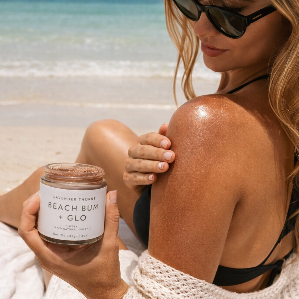 Lavender Thorne Beach Bum + Glo tinted natural sun balm for glowing, sun-kissed skin in glass jar