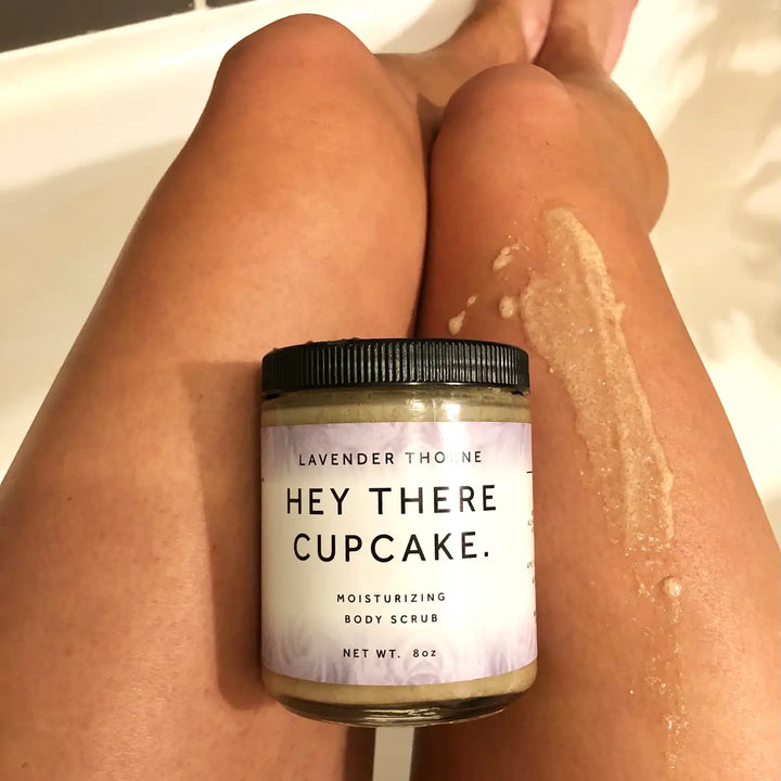 Lavender Thorne Hey There Cupcake Whipped Soap Scrub in an amber glass jar, featuring a creamy sugar scrub formula designed to exfoliate, cleanse, and hydrate skin.