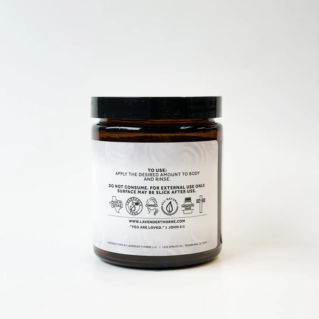 Lavender Thorne Hey There Cupcake Whipped Soap Scrub in an amber glass jar, featuring a creamy sugar scrub formula designed to exfoliate, cleanse, and hydrate skin.