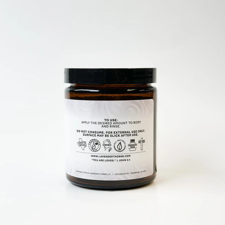 Lavender Thorne Hey There Cupcake Whipped Soap Scrub in an amber glass jar, featuring a creamy sugar scrub formula designed to exfoliate, cleanse, and hydrate skin.