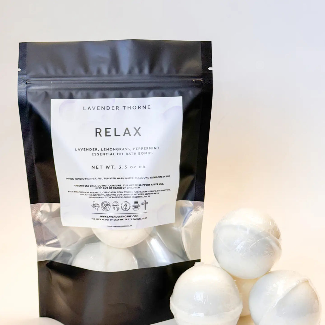 Lavender Thorne Relax bath bombs with lavender, lemongrass and peppermint essential oils in resealable pouch