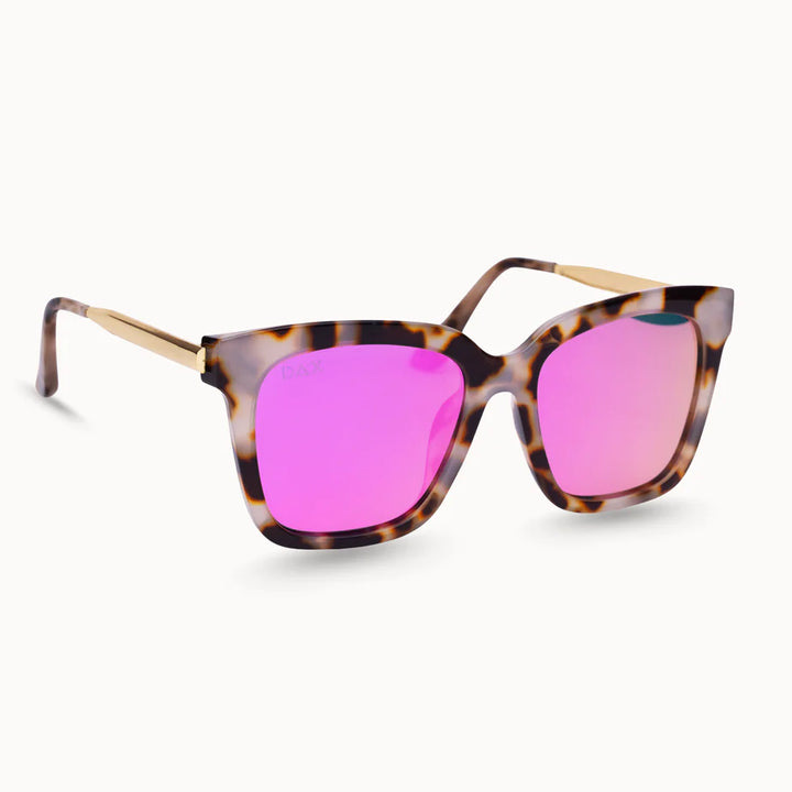 tortoise frame sunglasses with hot pink mirrored lenses