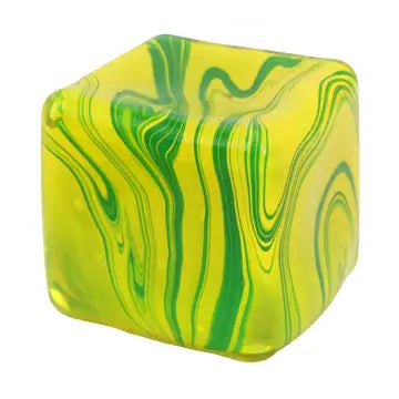 Green marbled cube putty filled squishy toy with swirled green and yellow pattern