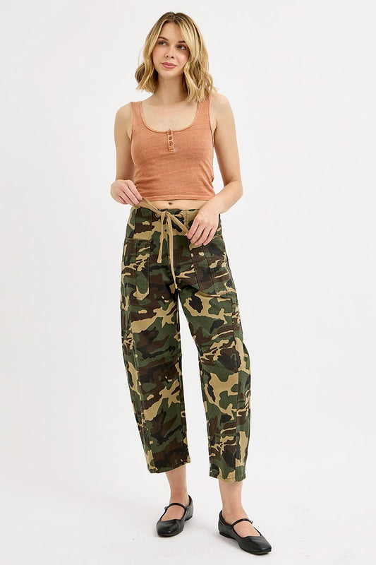 Camo Mid Rise Barrel Slung Pants