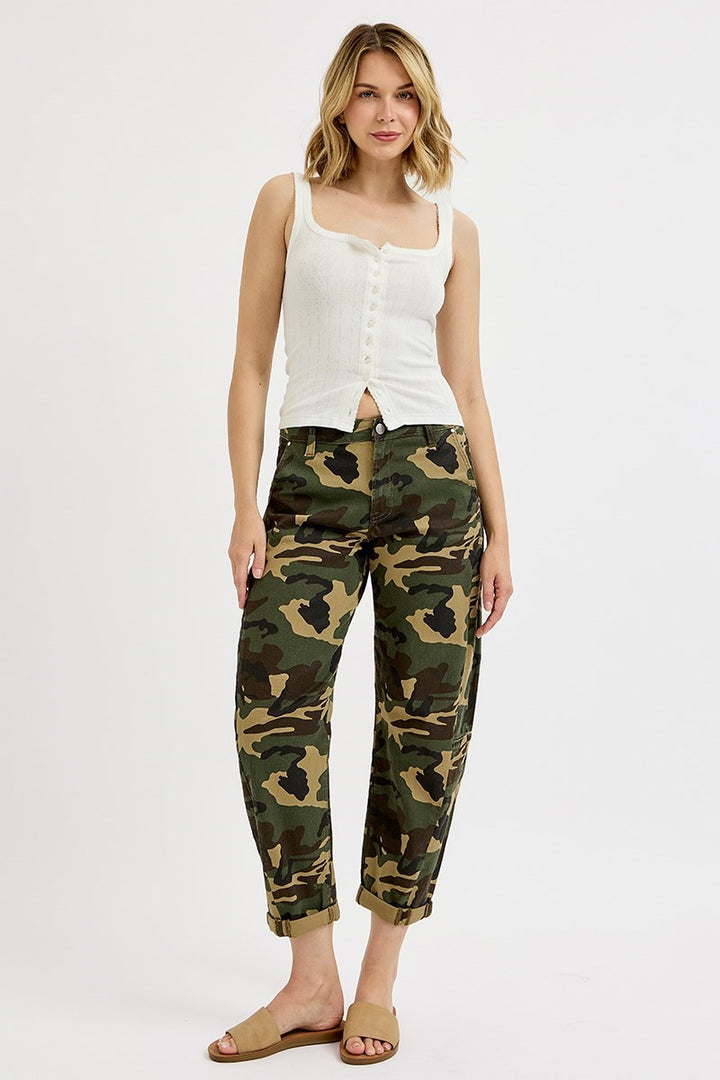 High Rise Camo Ankle Barrel Double Roll Pants