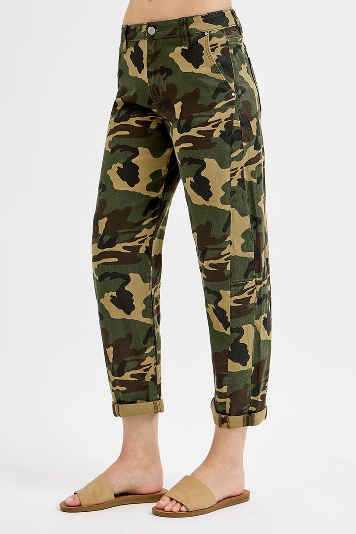 High Rise Camo Ankle Barrel Double Roll Pants