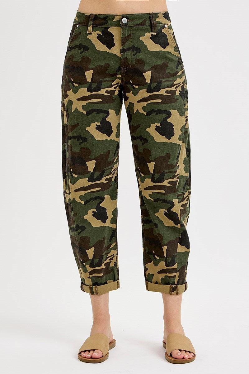 High Rise Camo Ankle Barrel Double Roll Pants