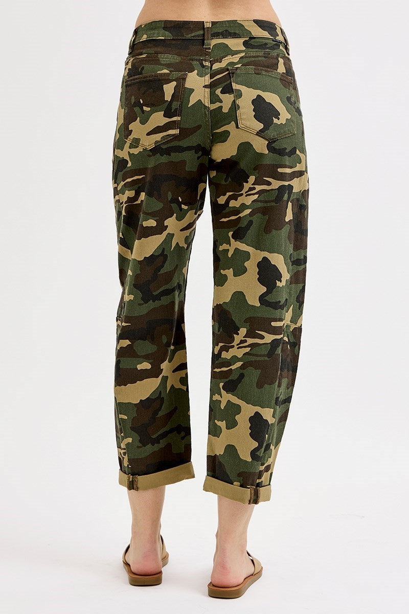 High Rise Camo Ankle Barrel Double Roll Pants