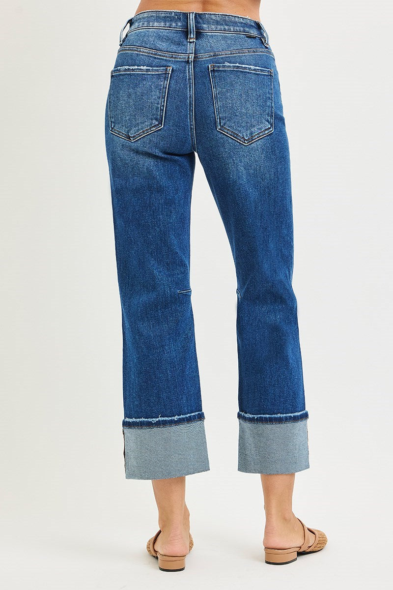 High Rise Straight Jeans With Distressed Hem