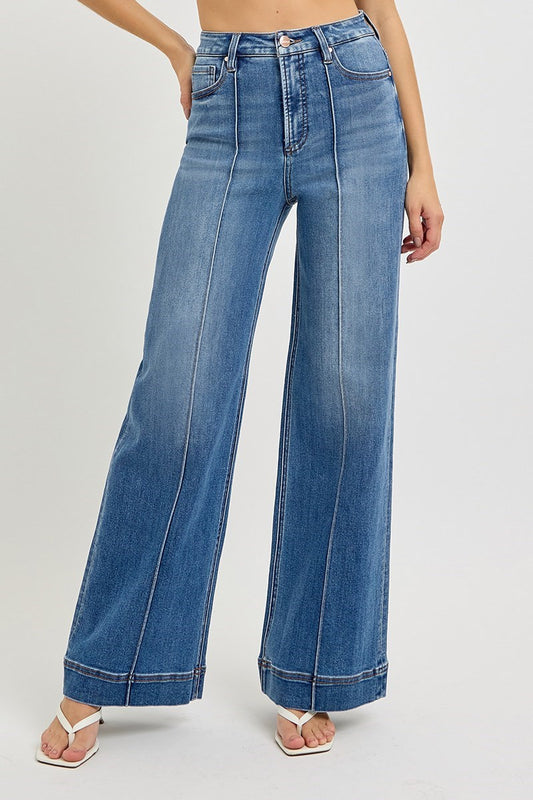 Tummy Control High Rise Ankle Wide Front Pintuck Jeans