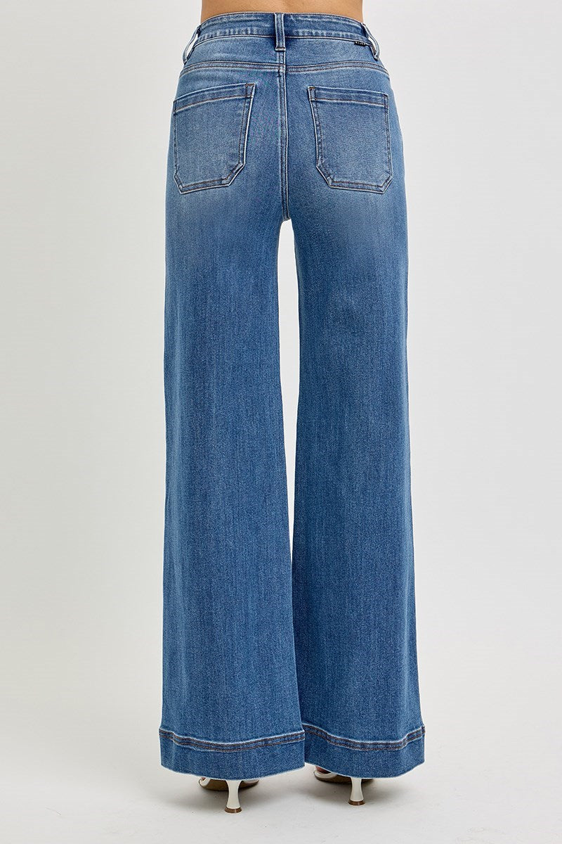 Tummy Control High Rise Ankle Wide Front Pintuck Jeans