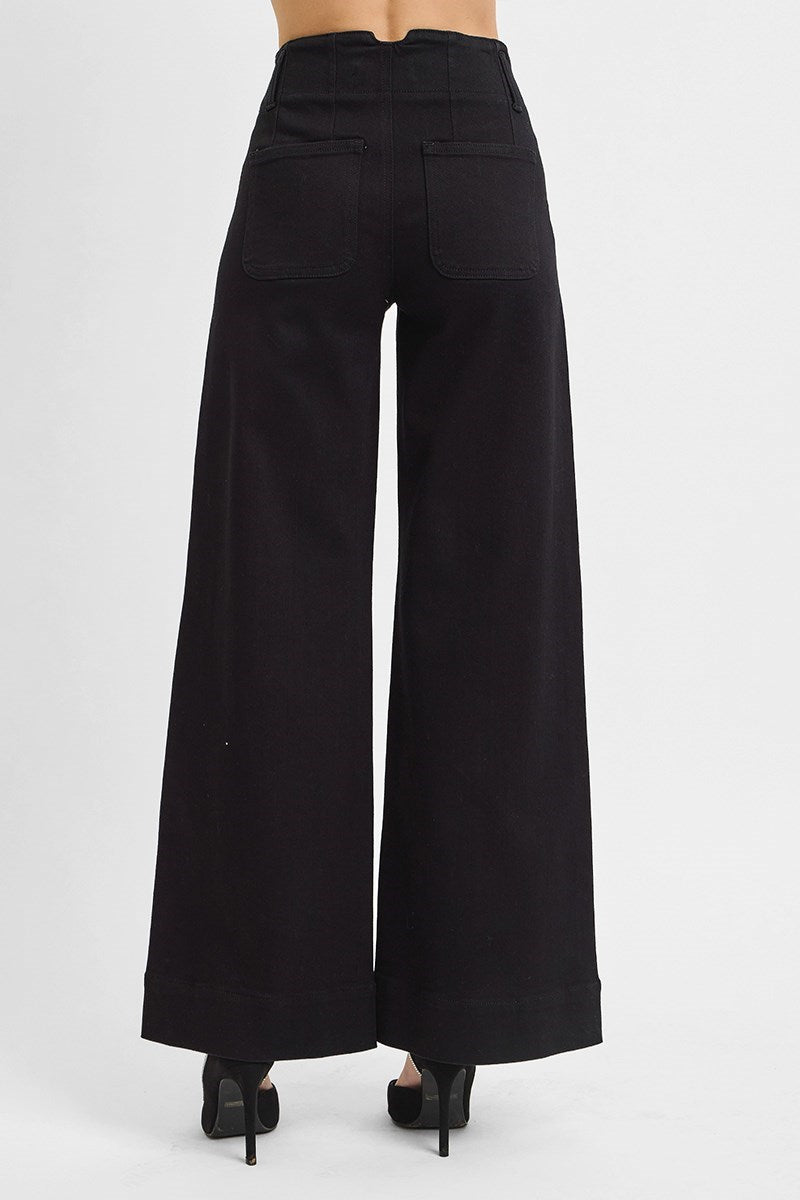 High Rise Ankle Wide Double Button Detail Pants
