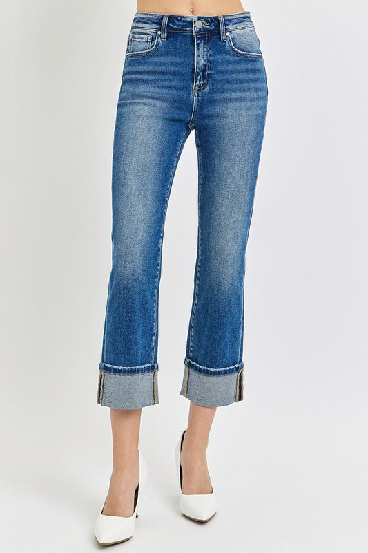 High Rise Ankle Straight Cuffed Jeans