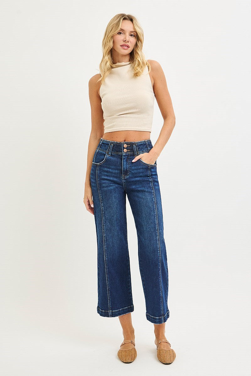 High Rise Crop Wide Front Seam Detail Jeans
