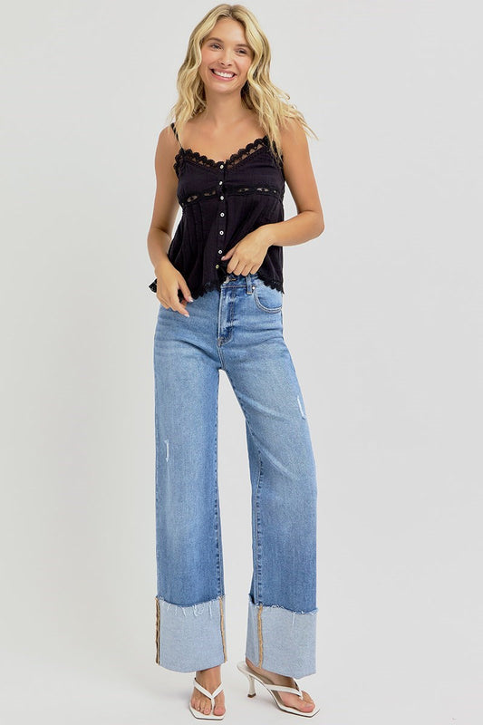 Medium Wash High Rise Wide Cuffed Jeans
