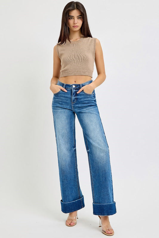 Tummy Control High Rise Ankle Wide Cuffed Jeans