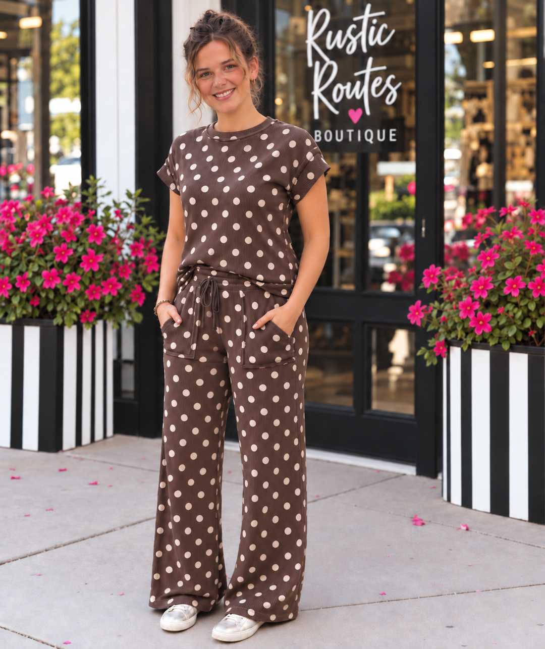  Women’s mocha brown polka dot casual top with relaxed fit and textured ribbed fabric.