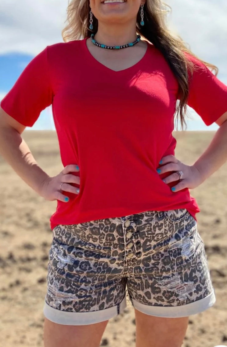 Tennessee Walking cheetah print shorts front view with red top