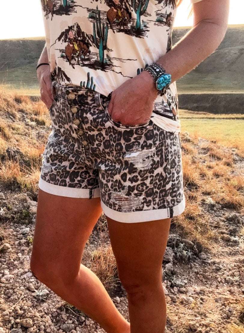 SK Cheetah Print Shorts – High Rise Button Fly Denim Shorts