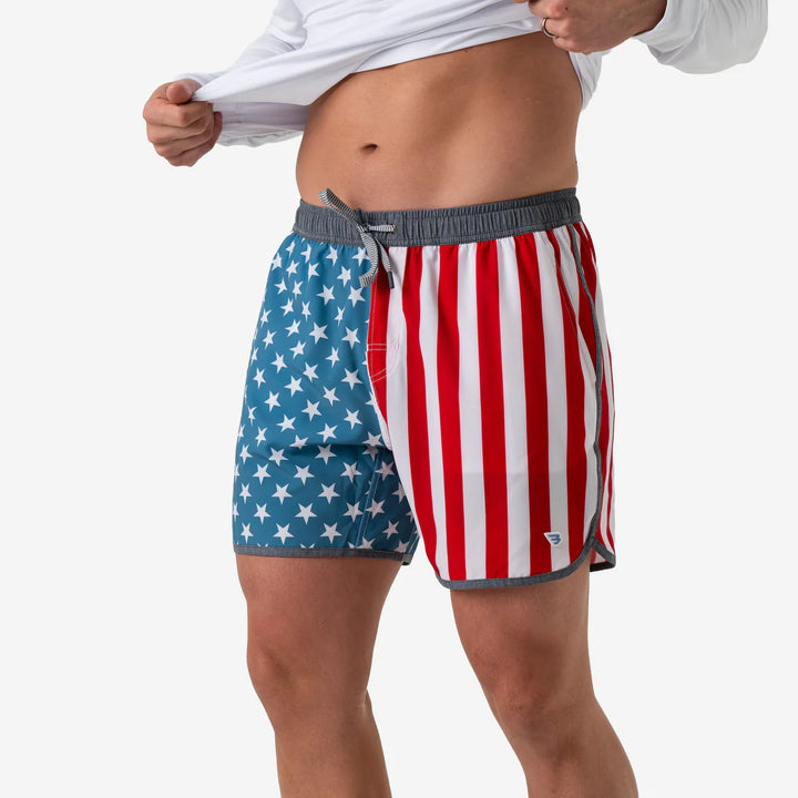 Burlebo Throwback USA Swim Trunks | Patriotic American Flag Performance Swim Shorts