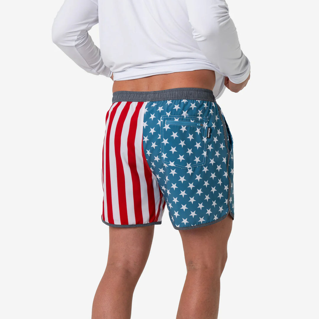 Burlebo Throwback USA Swim Trunks | Patriotic American Flag Performance Swim Shorts
