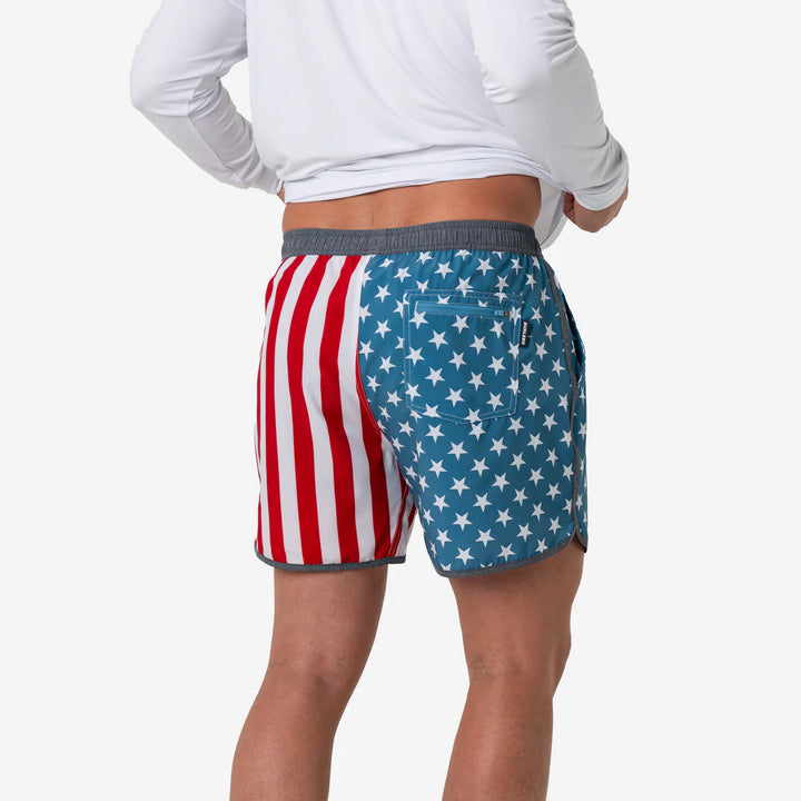 Burlebo Throwback USA Swim Trunks | Patriotic American Flag Performance Swim Shorts
