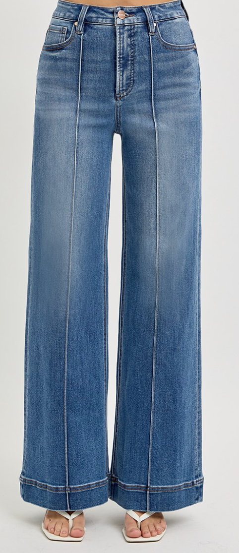 Tummy Control High Rise Ankle Wide Front Pintuck Jeans