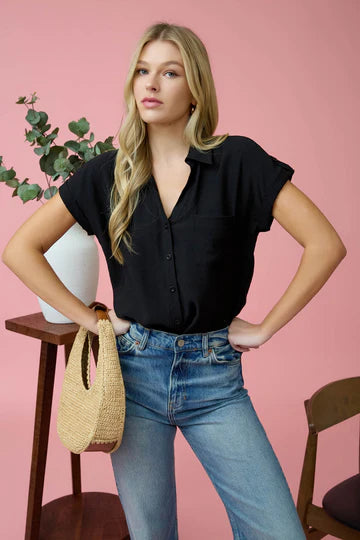 Short Sleeve Tab Button Down Blouse