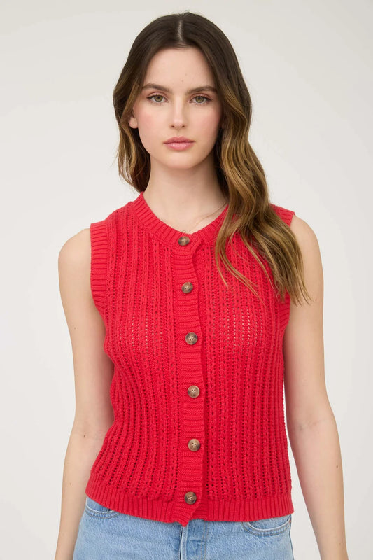 CREW NECK BUTTON DOWN SLEEVELESS KNIT CARDIGAN
