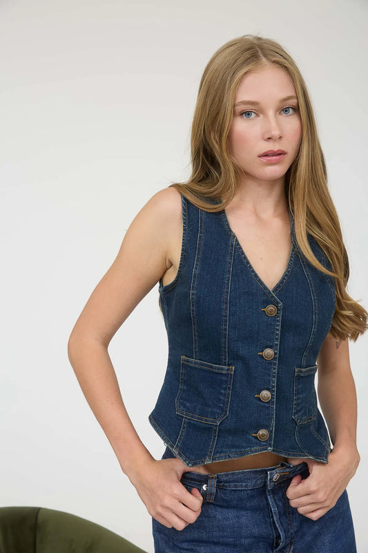 v-neck sleeveless button down denim vest