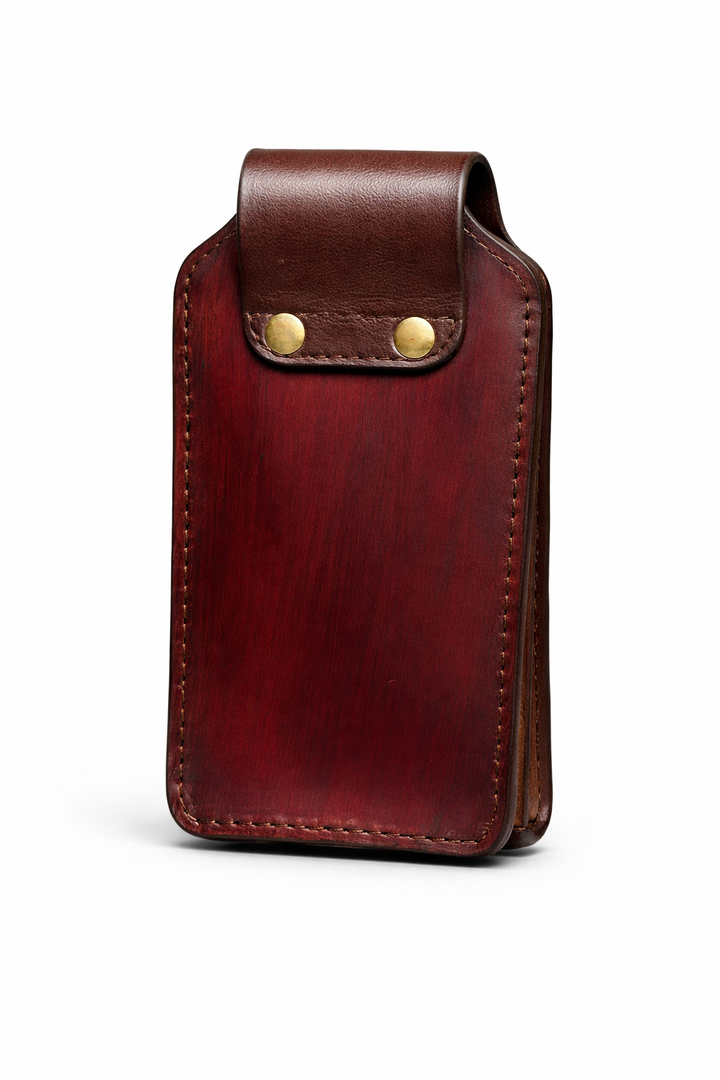 Brown leather belt pouch with snap closure back