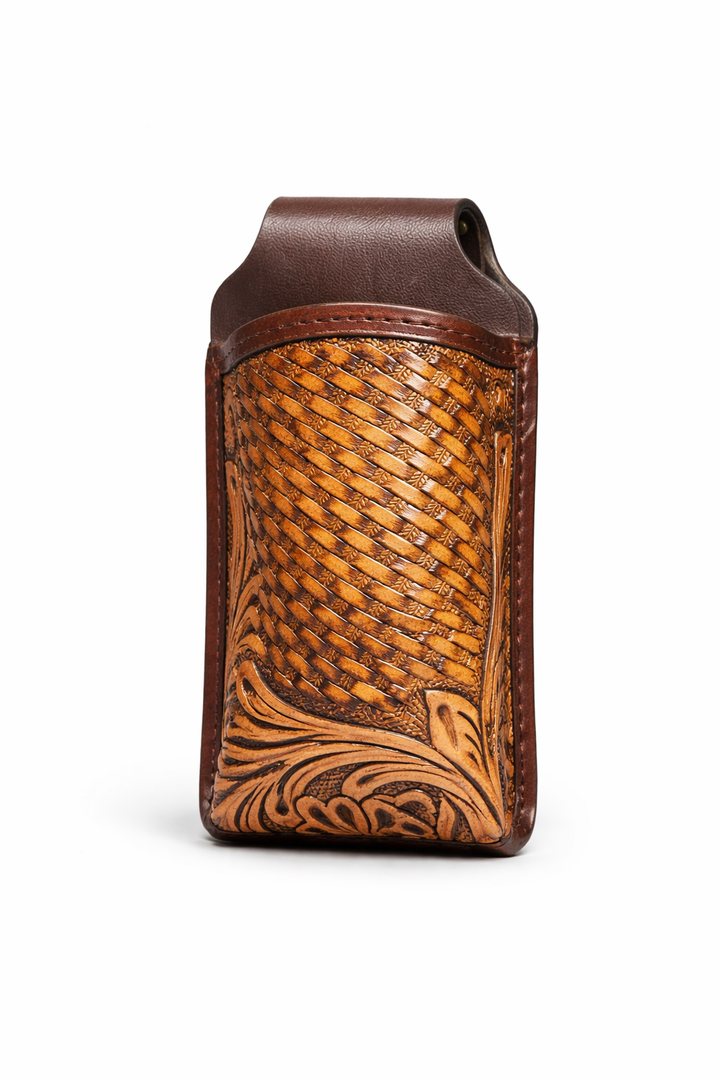 Hand tooled leather basketweave belt pouch front view