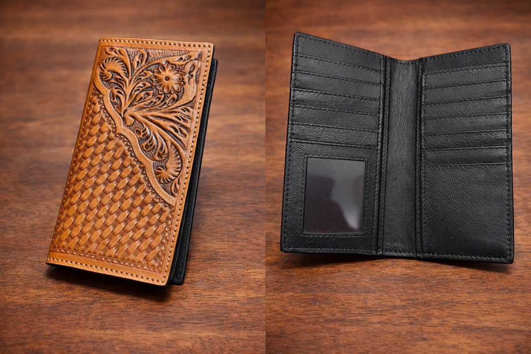 Hand-tooled leather bifold wallet with basketweave and floral design, shown closed and open with card slots and ID window on wood background