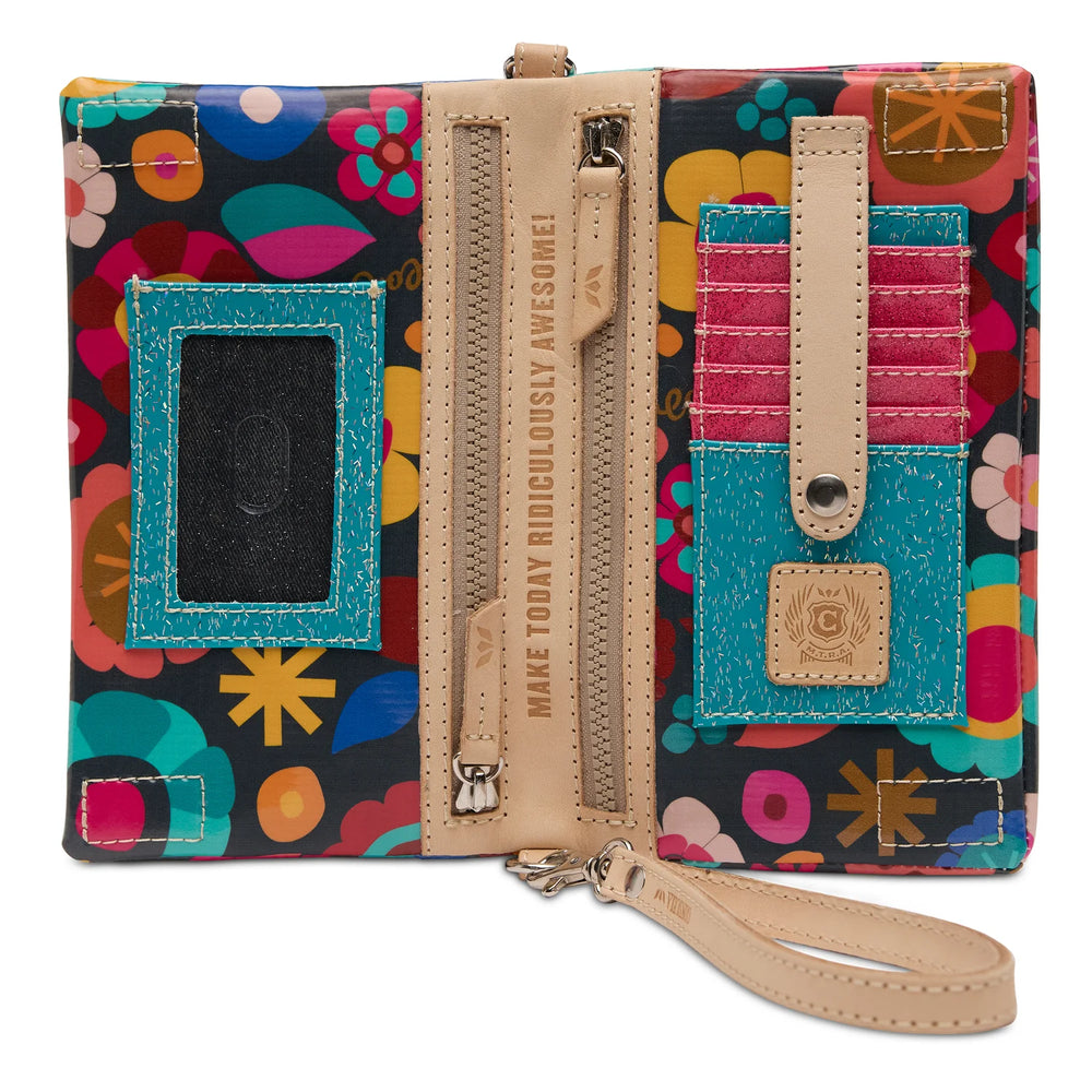 Interior view of Consuela Amelie Uptown Crossbody showing card slots, ID window, and zipper compartments