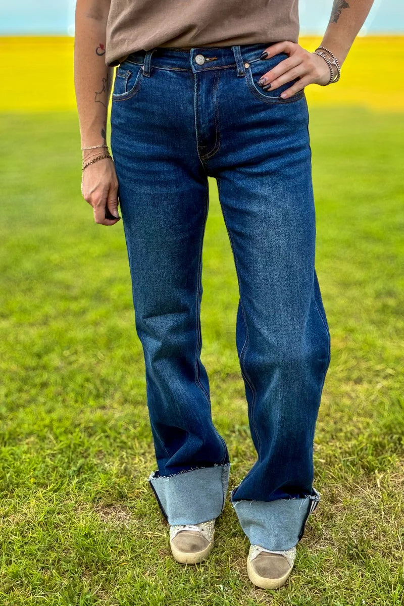 Cuffed Straight Leg Jeans | Dark Wash High Rise Stretch Denim