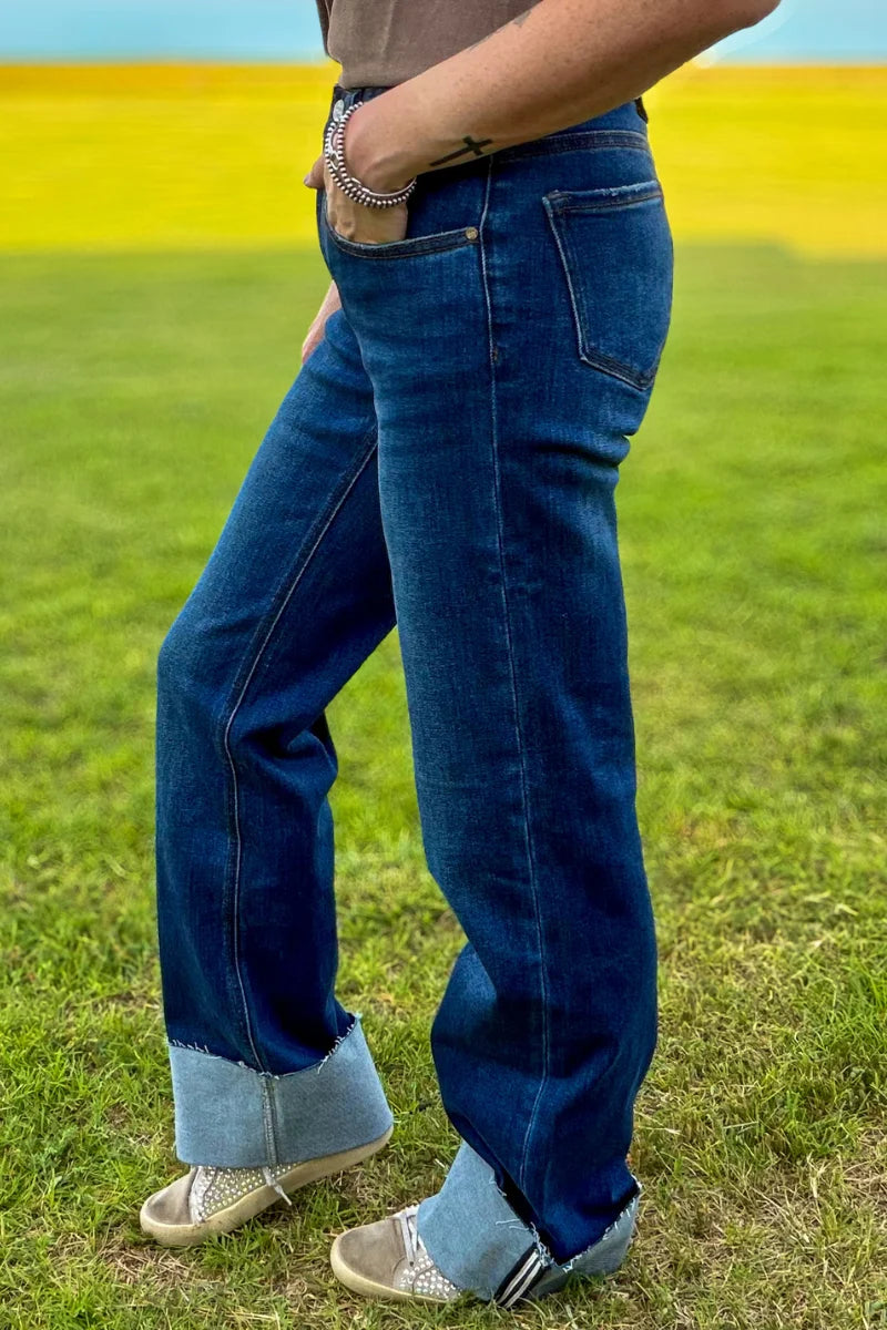 Cuffed Straight Leg Jeans | Dark Wash High Rise Stretch Denim