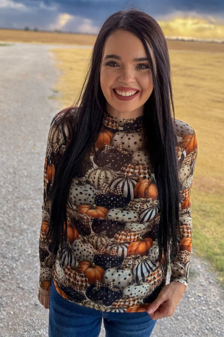 Pumpkin Patch Mesh Long Sleeve Top