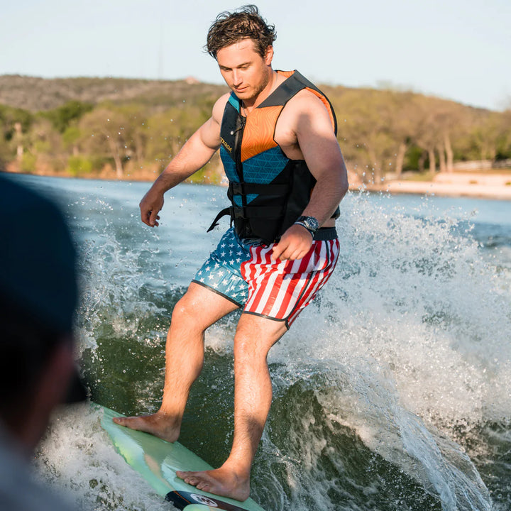Burlebo Throwback USA Swim Trunks | Patriotic American Flag Performance Swim Shorts